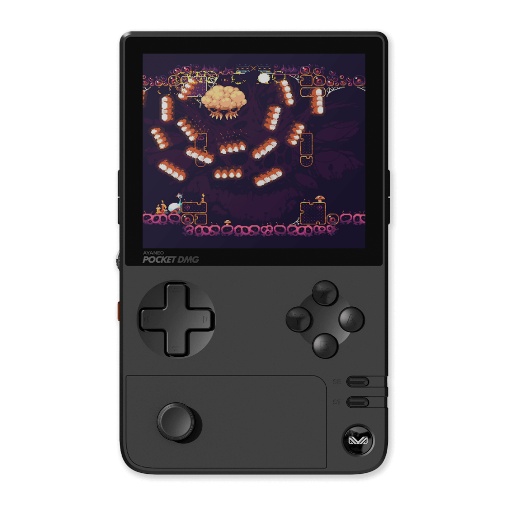 AYANEO Pocket DMG 1 Front view of the AYANEO Pocket DMG in Arctic Black, showcasing its retro-inspired design with a 3.92-inch OLED display, D-pad, analog joystick, and buttons.