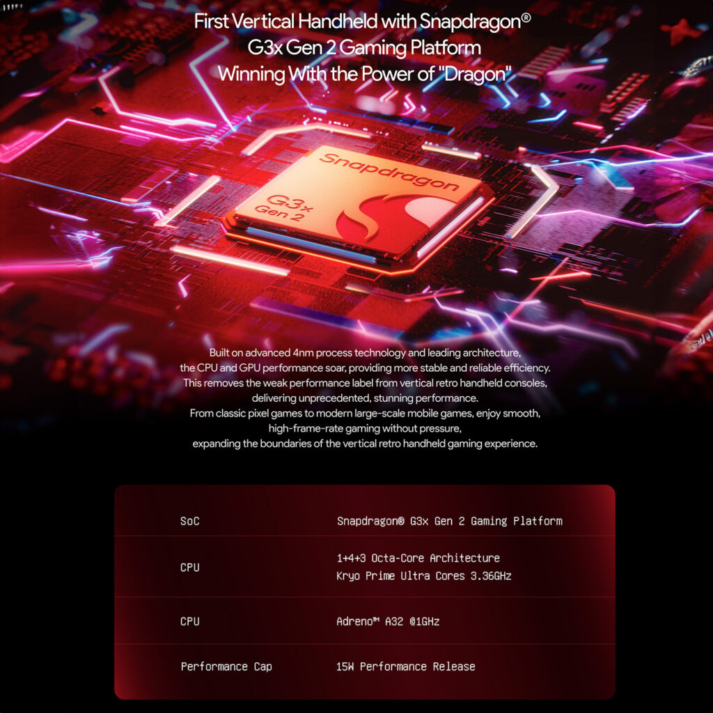 AYANEO Pocket DMG 2 Promotional image for AYANEO Pocket DMG featuring the Snapdragon G3x Gen 2 Gaming Platform. It emphasizes being the first vertical handheld with this processor, showcasing its 1+4+3 Octa-Core Architecture with Kryo Prime Ultra Cores at 3.36GHz, Adreno A32 GPU at 816Hz, and 15W performance release.