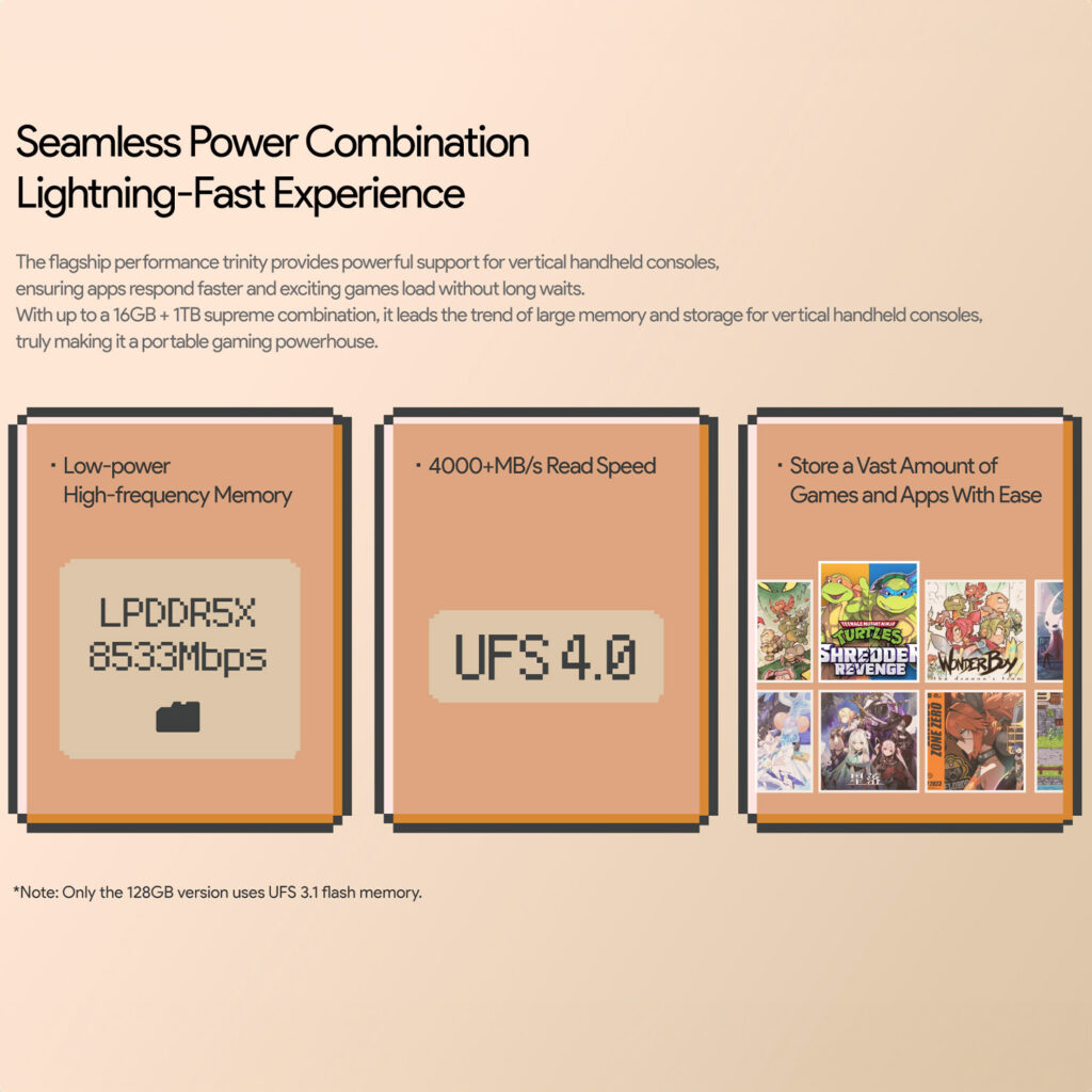 AYANEO Pocket DMG 4 Infographic detailing the "Seamless Power Combination" of the AYANEO Pocket DMG, highlighting its high-speed memory (LPDDR5X at 8533Mbps), fast storage (UFS 4.0 with 4000+ MB/s read speed), and large capacity for storing games and apps. It mentions up to 16GB RAM and 1TB storage options.