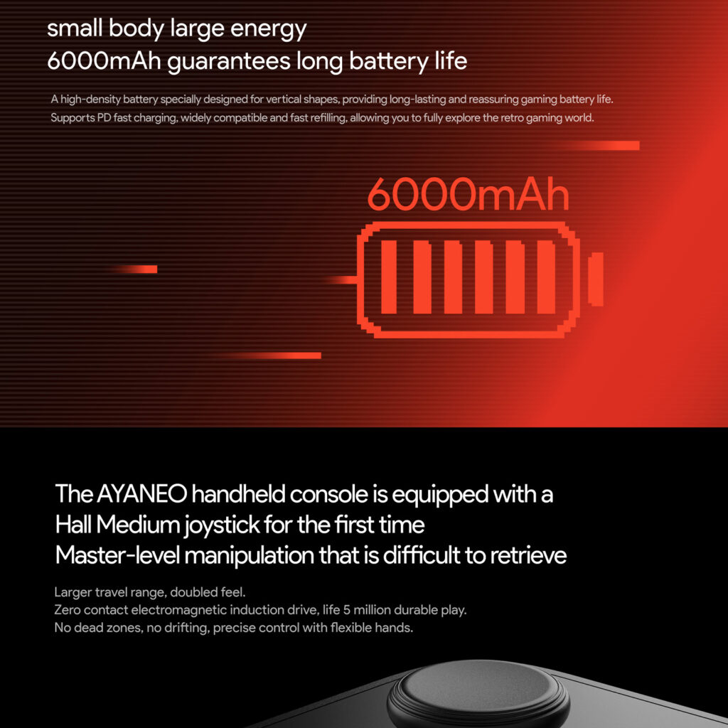 AYANEO Pocket DMG 5 Marketing image showcasing the AYANEO Pocket DMG's 6000mAh battery, emphasizing long battery life and PD fast charging support. The lower part introduces the Hall Medium joystick, highlighting its precision, durability (5 million uses), and enhanced control features.
