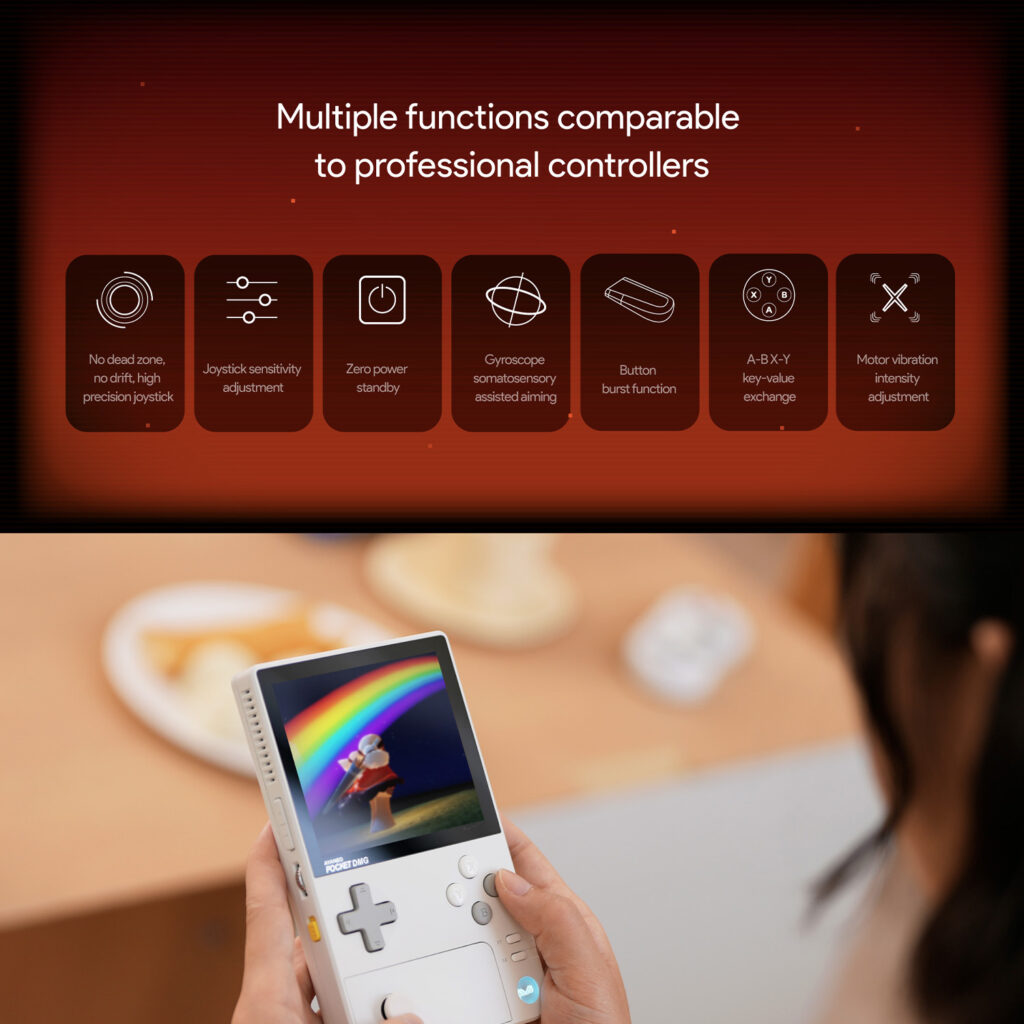 AYANEO Pocket DMG 3 Infographic showcasing multiple functions of the AYANEO Pocket DMG comparable to professional controllers. Features include high-precision joystick, adjustable sensitivity, zero power standby, gyroscope-assisted aiming, button burst function, A-B-X-Y key-value exchange, and adjustable motor vibration intensity. Below, a hand holds the white device, displaying a colorful game screen.