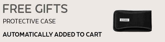 A promotional banner for "FREE GIFTS" that are "AUTOMATICALLY ADDED TO CART". The text is in a large, dark grey font on a light grey background. The image displays a grid of product accessories with text labels: "PROTECTIVE CASE". To the right of the text is a small, black, mesh protective case with a white "AYANEO" logo tag.