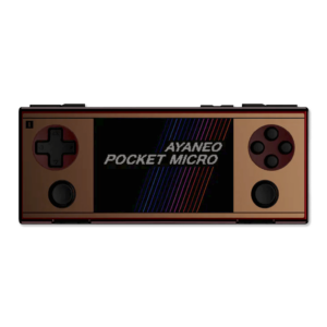 This is the AYANEO Pocket Micro in a striking gold finish, showcasing a compact and minimalist design. The device features a nostalgic retro aesthetic with a sleek black-and-gold color scheme. Prominent controls, including a responsive D-pad and action buttons, flank the vibrant display, which highlights the "AYANEO Pocket Micro" branding with colorful stripes, blending vintage charm with modern technology.