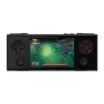 Front view of the AYANEO Pocket Micro in black, showing a 3.5-inch screen displaying a colorful top-down adventure game. The device features a D-pad on the left, ABXY buttons on the right, and two circular buttons below, showcasing its retro-inspired design.