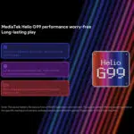 A graphic showcasing the MediaTek Helio G99 processor in the AYANEO Pocket Micro. Text boxes highlight its eight-core processor capable of running PS2 games, active cooling for long play sessions, and up to 6 hours of battery life. The Helio G99 logo is prominently displayed against a colorful background.