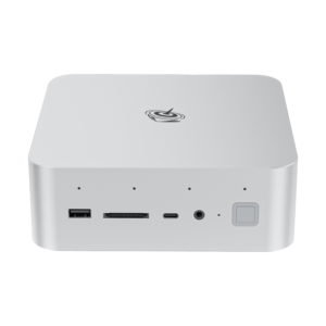 Front view of Beelink GTi14 Ultra mini PC. Silver square device with rounded edges. Visible ports include USB, SD card slot, USB-C, and audio jack. Beelink logo on top. Power button with LED indicator on the right side.