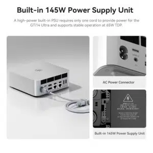 Infographic showcasing the Beelink GTi14 Ultra's built-in 145W Power Supply Unit. Main image shows the device connected to a power cord. Two inset images display the AC Power Connector and specifications of the built-in PSU. Text explains the high-power PSU requires only one cord and supports stable operation at 65W TDP