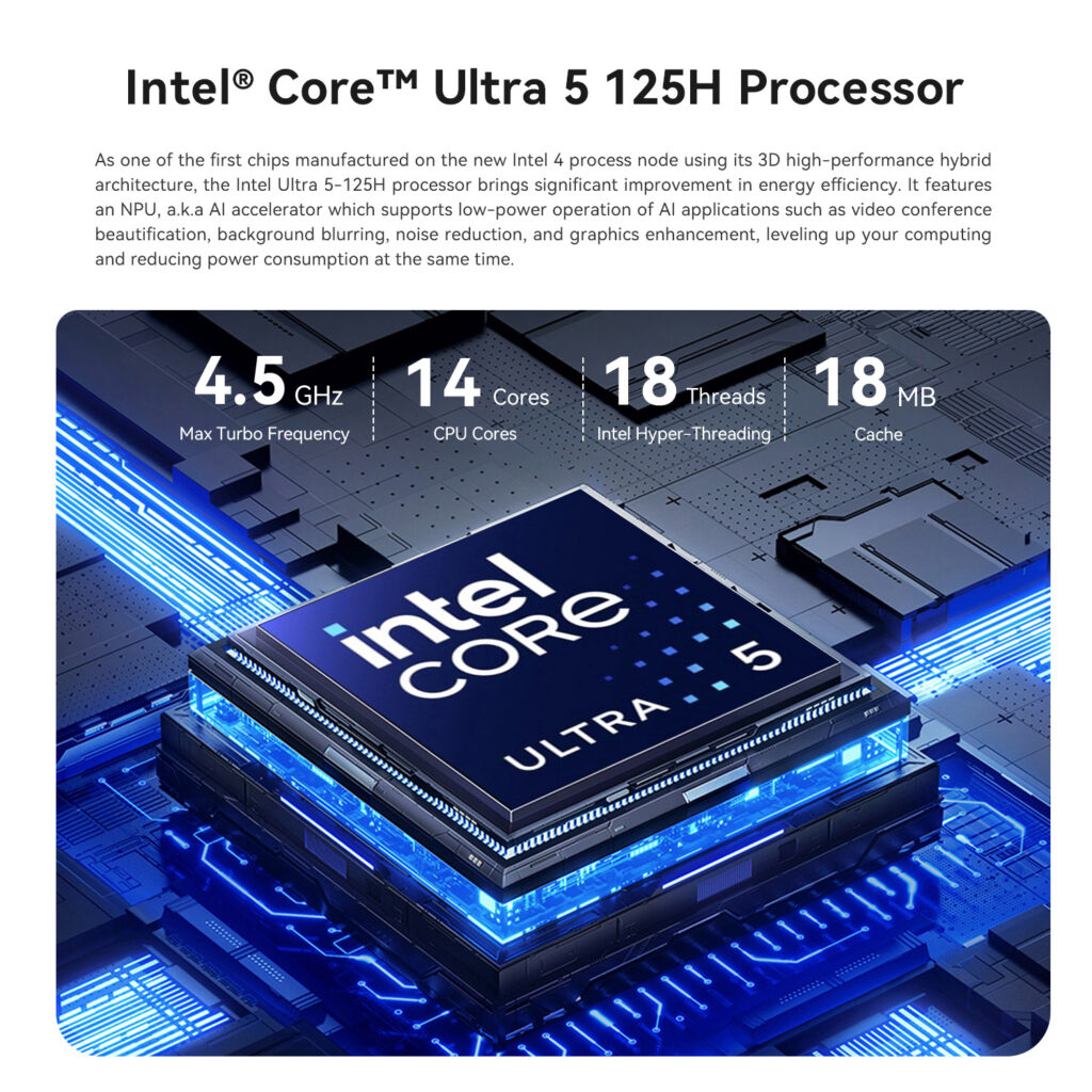Beelink SEi14 2 Intel Core Ultra 5 125H Processor. Features 4.5 GHz Max Turbo Frequency, 14 CPU Cores, 18 Threads with Intel Hyper-Threading, and 18 MB Cache. The processor supports energy-efficient AI applications such as video conferencing enhancements, noise reduction, and graphics enhancement.