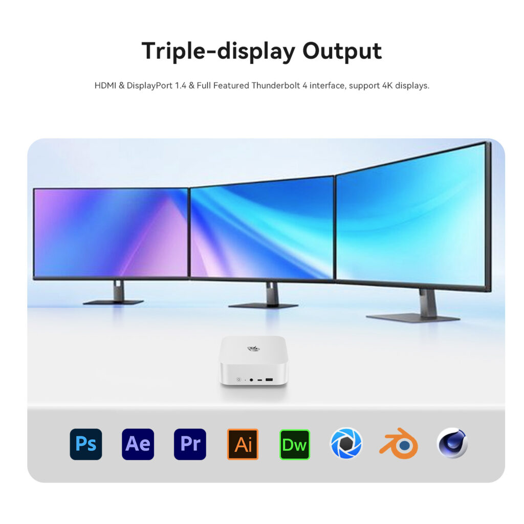 Beelink SEi14 4 Triple-display Output with HDMI 2.1, DisplayPort 1.4, and Thunderbolt 4 interfaces. Supports 4K displays, enhancing productivity and providing an immersive visual experience. Ideal for applications such as Photoshop, After Effects, Premiere, Illustrator, Dreamweaver, and more.