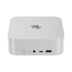 The Beelink SER8 mini PC in silver is a compact, square device with rounded corners. The front panel features a power button, USB ports, and an audio jack. The side view highlights its sleek metal casing. The logo is prominently displayed on the top surface. The product measures approximately 135mm x 135mm x 50mm.