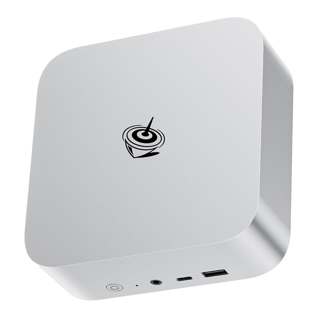 Beelink SEi14 1 This Beelink SER8 mini PC in silver is a small, square device with rounded corners. The front panel shows off a power button, USB ports, and an audio jack. The sleek metal casing is evident from the side view. The top surface features the logo. The product dimensions are about 135mm x 135mm x 50mm.