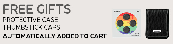 A promotional image with a light gray background states "FREE GIFTS" in large, dark gray letters at the top. Below this, in smaller dark gray text, it lists "PROTECTIVE CASE" and "THUMBSTICK CAPS," followed by "AUTOMATICALLY ADDED TO CART" in a slightly larger font. To the right, there are two product images: a square white and rainbow-colored package containing four black thumbstick caps, and a black mesh protective case, identical to the one in the previous image, with a white "AYANEO" logo at the bottom.