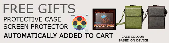 A promotional banner with the title "FREE GIFTS" in bold text. Below, it lists "Protective Case" and "Screen Protector" as the free items, which are "Automatically Added to Cart." The banner features images of a "Pocket DMG" device, a green leather AYANEO case, and a brown leather AYANEO case, with the note "Case colour based on device.