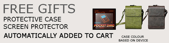 A promotional banner with the title "FREE GIFTS" in bold text. Below, it lists "Protective Case" and "Screen Protector" as the free items, which are "Automatically Added to Cart." The banner features images of a "Pocket DMG" device, a green leather AYANEO case, and a brown leather AYANEO case, with the note "Case colour based on device