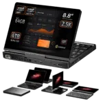 Front view of the GPD Pocket 4 highlighting its 8.8-inch 2.5K touchscreen display. Powered by AMD Ryzen 7 8840U or AMD Ryzen AI Pro 9 HX, with options for up to 64GB RAM and up to 4TB NVMe SSD. Showcases modular design and multiple configurations for productivity and portability.