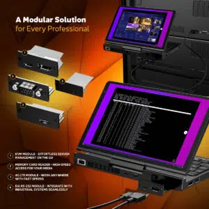 The GPD Pocket 4 with modular attachments for professional use, including KVM, memory card reader, 4G LTE, and RS-232 modules. Displaying a high-resolution screen with coding and server management tools in use.