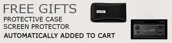 A black protective case and a small, rectangular box (likely a screen protector) are shown next to text that reads "FREE GIFTS PROTECTIVE CASE SCREEN PROTECTOR AUTOMATICALLY ADDED TO CART." The box has "AYANEO POCKET MICRO" visible on it.