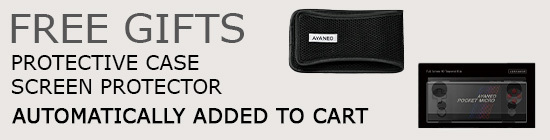 Promotional banner highlighting free gifts with purchase, including a protective case and screen protector for the AYANEO Pocket Micro. The text reads 'Free Gifts Automatically Added to Cart' with images of the case and screen protector displayed.