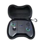 A black protective case for a gaming controller is shown open, revealing a dark gray ONEXPLAYER controller inside. The controller features illuminated analog sticks, a d-pad, and various buttons. The case has a zipper closure and appears padded for protection.