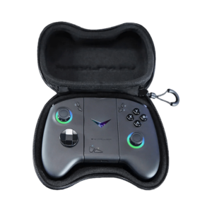 A black protective case for a gaming controller is shown open, revealing a dark gray ONEXPLAYER controller inside. The controller features illuminated analog sticks, a d-pad, and various buttons. The case has a zipper closure and appears padded for protection.