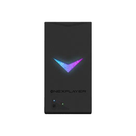 The front panel of an ONEXPLAYER handheld gaming device. It features a black rectangular design with a glowing V-shaped logo in blue and purple. The ONEXPLAYER branding is visible below the logo, along with two small indicator lights.