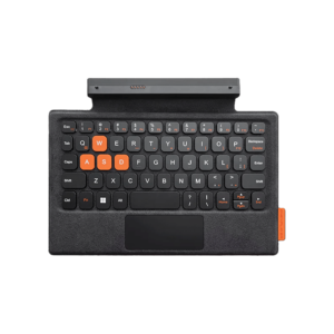 A detachable keyboard for the ONEXPLAYER device. It has a compact layout with black keys and orange highlights on certain keys like WASD. The keyboard includes a small touchpad and connects to the device via a connector at the top.