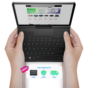 A person is holding a compact GPD Pocket 4 device with both hands. The device features a full QWERTY keyboard, a small touchpad, and a screen displaying a web page with the DroiX logo and product categories. Below the device, a promotional banner highlights "Pre-order gifts" including a free case, 2-year warranty, and free shipping.