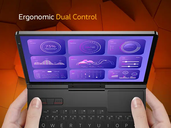 Close-up view of the GPD Pocket 4 in use, showcasing its ergonomic dual-control layout with a responsive touchscreen displaying vibrant analytics and charts, designed for professional workflows.