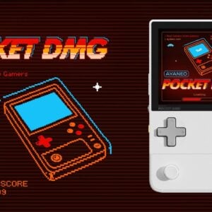 Marketing image for AYANEO Pocket DMG featuring a retro-style pixelated graphic of the device alongside a realistic render. The pixelated side shows "1UP 999" and "HIGH SCORE 999999," while the realistic side displays the white handheld with its screen, D-pad, and buttons. The AYANEO Pocket DMG logo appears in a retro-inspired font with the tagline "Real Gamers know Gamers.