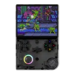 ANBERNIC-RG-40XXV-TRANSPARENT-BLACK-LISTING-DONE-01 Front view of the Anbernic RG40XXV handheld gaming console in transparent black. The console features a large screen displaying a retro-style game, a D-pad, four action buttons (A, B, X, Y), two additional function buttons, and an RGB joystick in the lower-left corner.