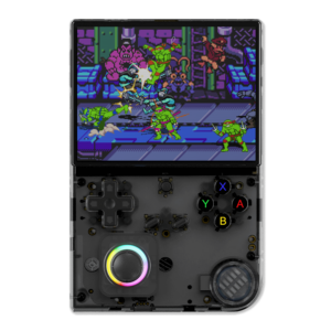 Front view of the Anbernic RG40XXV handheld gaming console in transparent black. The console features a large screen displaying a retro-style game, a D-pad, four action buttons (A, B, X, Y), two additional function buttons, and an RGB joystick in the lower-left corner.