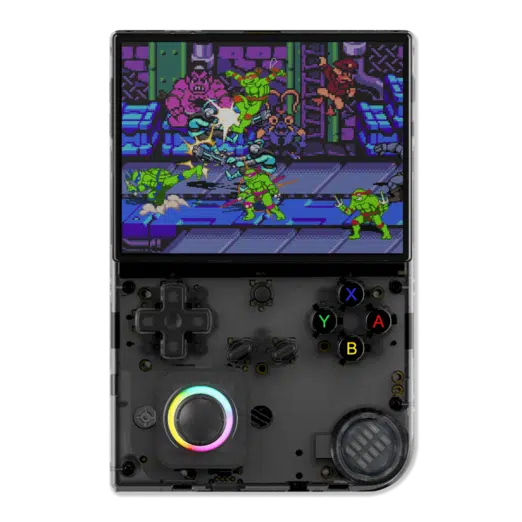 Front view of the Anbernic RG40XXV handheld gaming console in transparent black. The console features a large screen displaying a retro-style game, a D-pad, four action buttons (A, B, X, Y), two additional function buttons, and an RGB joystick in the lower-left corner.