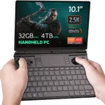 GPD-WIN-MAX-2-2024-LISTING-NEW-DONE-01.32-4 The GPD Win Max 2 (2024) is shown running The Witcher game on its display. The device features impressive specifications, including up to 64GB of RAM, up to 4TB SSD NVMe storage, and a Ryzen 7 8840U CPU, highlighting its capability to handle demanding games with ease.