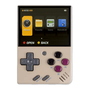 Miyoo Mini V4 in retro gray: A handheld gaming device in a retro gray color. The screen displays the menu interface with options like Recent, Favorite, Game, and RetroArch. It features a classic D-pad, two action buttons, and function buttons for Select and Start.