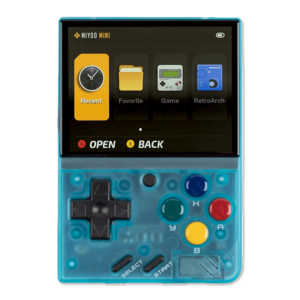 Miyoo Mini V4 in transparent blue: A handheld gaming console in transparent blue, showcasing internal details. The screen displays the main menu, and the device has a D-pad and multicolored buttons (green, blue, yellow, and red) alongside Select and Start buttons.