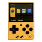 MIYOO-MINI-V4-LISTING-YELLOW-DONE-01 Miyoo Mini V4 in yellow: The Miyoo Mini V4 gaming console in a vibrant yellow color. The display shows the menu screen, and it includes a D-pad with black buttons, two action buttons, and function buttons labeled Select and Start.