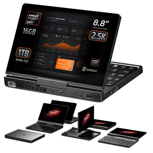 Front view of the GPD Pocket 4 showcasing its 8.8-inch 2.5K touchscreen display, powered by AMD Ryzen 7 8840U, with 16GB RAM and 1TB NVMe SSD. Includes modular design configurations with various laptop modes and a compact form factor for portability and productivity.