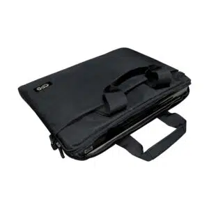 An angled view of the GPD Duo case partially open, displaying a snug fit for the device inside. The case features dual handles for portability.
