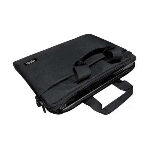 An angled view of the GPD Duo case partially open, displaying a snug fit for the device inside. The case features dual handles for portability.