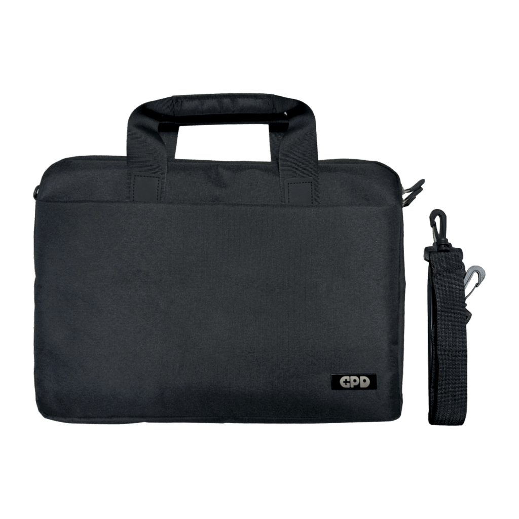 A black protective case with handles designed for the GPD Duo, featuring a sleek design and a detachable shoulder strap. The GPD logo is visible in the lower corner.