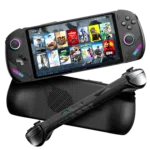 Front and back views of the ONEXPLAYER F1 Pro handheld device highlighting its ergonomic design, wide display with various gaming titles on screen, and rear air vent for cooling.