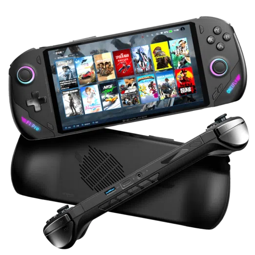Front and back views of the ONEXPLAYER F1 Pro handheld device highlighting its ergonomic design, wide display with various gaming titles on screen, and rear air vent for cooling.