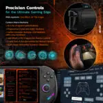 Precision gaming controls of the ONEXPLAYER F1 Pro featuring RGB joysticks with Hall effect technology, 18° tilt angle, programmable M1/M2 buttons, tactile ABXY and shoulder buttons, Hall effect triggers, 3-axis gyroscope, accelerometer, and dual linear vibration motors for immersive gameplay.