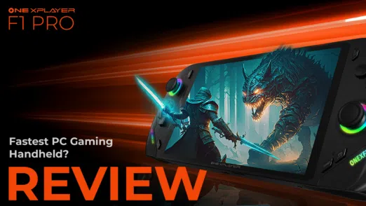 ONEXPLAYER ONEXFLY F1 Pro review 169 A promotional image for the ONEXPLAYER F1 Pro handheld gaming PC. The device is displayed with a fantasy-themed game on its screen, featuring a warrior with a glowing sword facing a monstrous creature in a dark forest. The background has a motion-blur effect in orange tones, emphasizing speed. The text reads 'Fastest PC Gaming Handheld?' and 'REVIEW' in bold orange letters