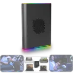The ONEXGPU 2 shown vertically with vibrant RGB lighting around its base, accompanied by lifestyle imagery below showcasing its use in gaming setups, connected to various handheld and laptop devices.