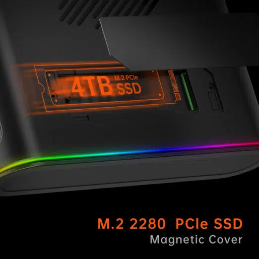 Close-up of the ONEXGPU device showcasing its magnetic cover for an M.2 2280 PCIe SSD, featuring a highlighted 4TB SSD slot in orange with subtle RGB lighting along the device edges