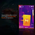 Thermal imaging of the ONEXGPU device, indicating temperature remains below 45°C after 19 hours of operation, with a background of a dark racetrack and car graphics.
