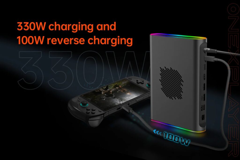 ONEXPLAYER ONEXGPU 2 eGPU Docking Station 6 The ONEXGPU 2 connected to a handheld gaming device, emphasizing its 330W charging and 100W reverse charging capabilities. RGB lighting along the device adds a stylish touch.