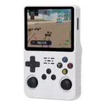 White R36S Console: The R36S handheld console in a vibrant translucent orange casing, showing a racing game on its screen with detailed graphics of remote-controlled cars on a track. The buttons are clearly visible on the front of the console.