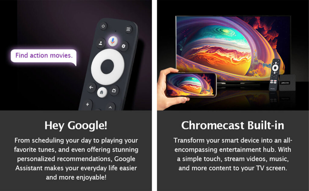 RockTek GB1 4 Simple installation steps for the RockTek GB1 Android TV box. Insert two AAA batteries (sold separately) into the remote, then connect the TVDongle to a power source and plug it into the TV's HDMI port to start streaming content.